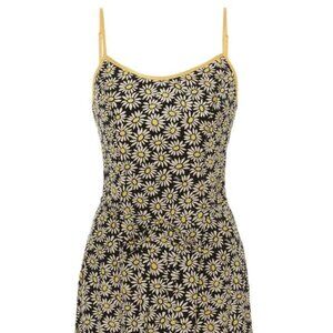 HVN Susan Floral Daisy Print Slip Midi Dress with Belt, 8, Black Yellow Silk